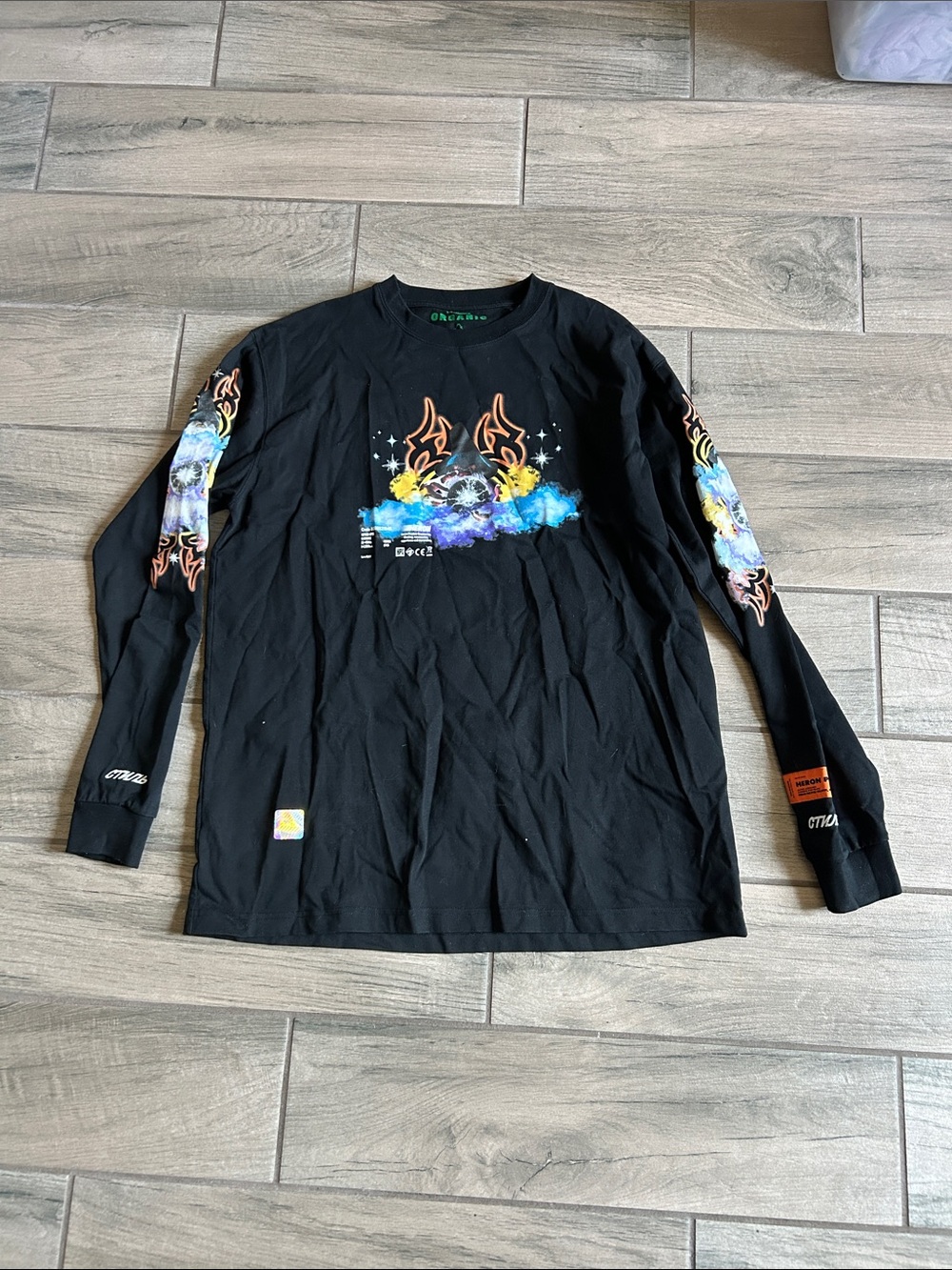 Heron Preston Black Long-Sleeve Crewneck with Floral Flame Graphics